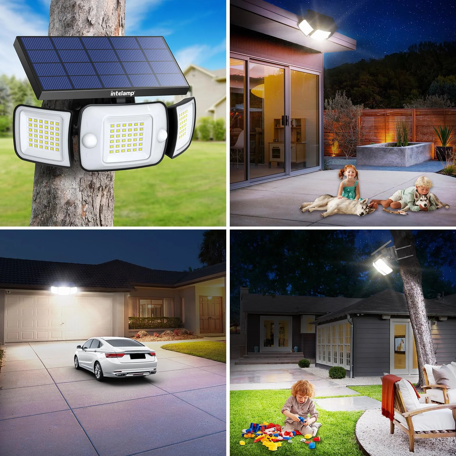 INTELAMP Luce Solare LED Esterno, 108LED Faretto LED da Esterno con Sensore di Movimento, 6000mAh Lampada Solare da Esterno 6500K, 4 Modalità Luci Solari Esterno per Giardino (Luce Bianca – 1 Pezzo)