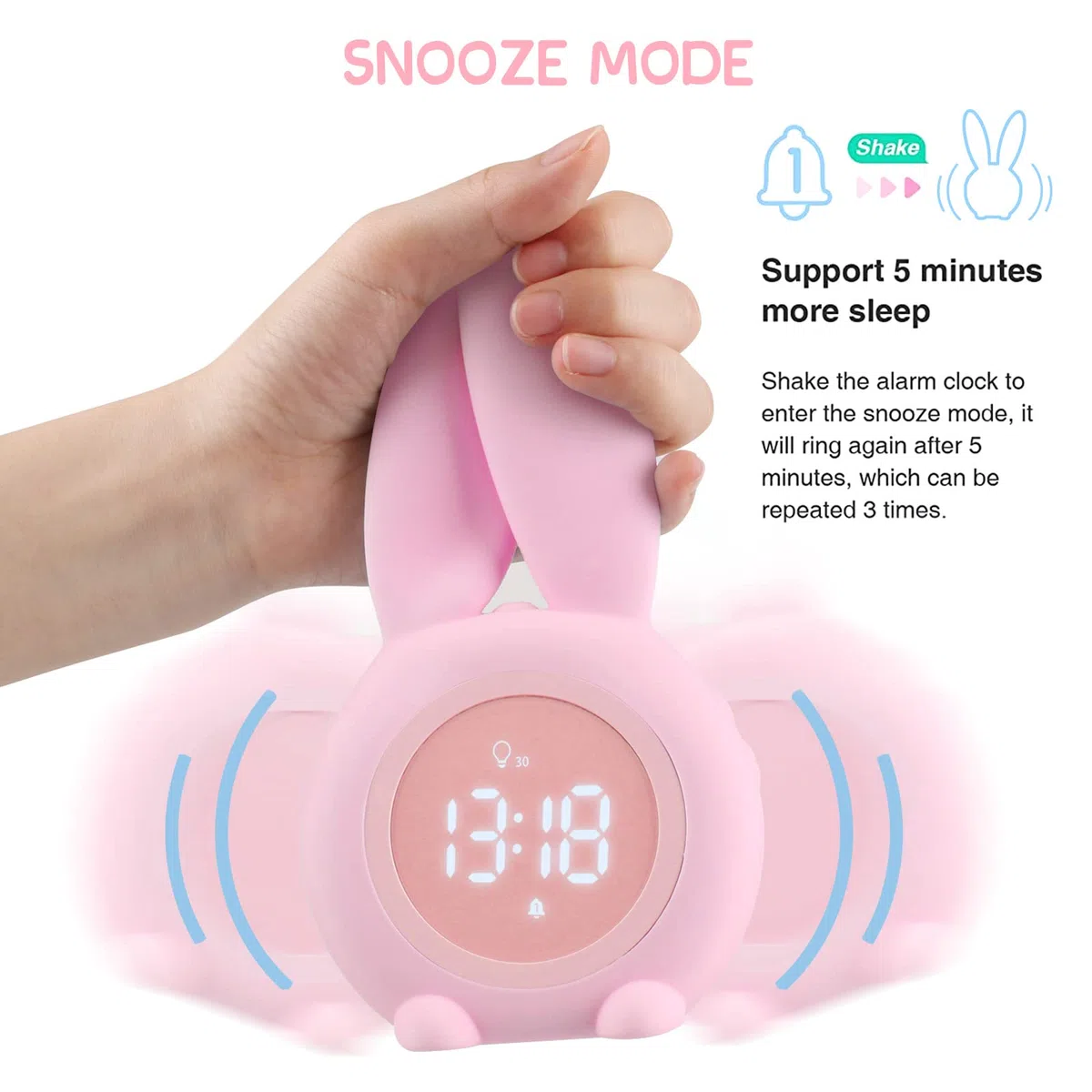 Sveglia Bambini, Carina Sveglia Coniglio comodino con Luce Notturna Funzione Snooze Timer, Ricaricabile Induzione Wake up Light - Rosa