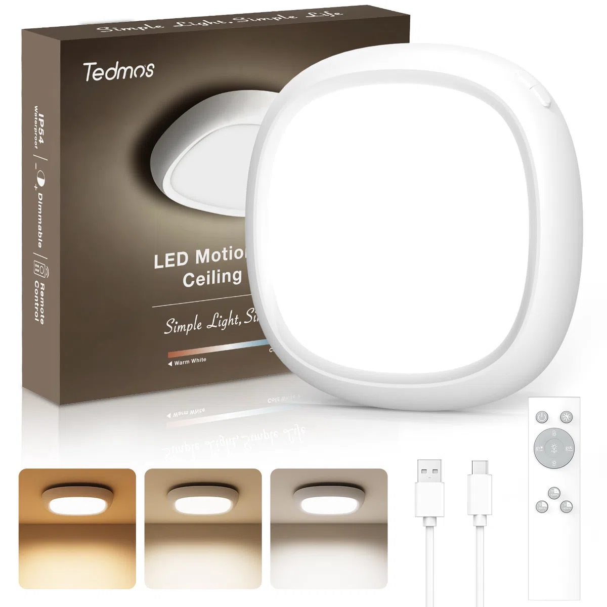Plafoniera a Batteria Ricaricabile USB con Sensore di Movimento, 550LM 12000mAh IP54 Impermeabile Plafoniera LED Soffitto Dimmerabile Telecomando Lampada LED Soffitto Senza Fili per Interno Esterno