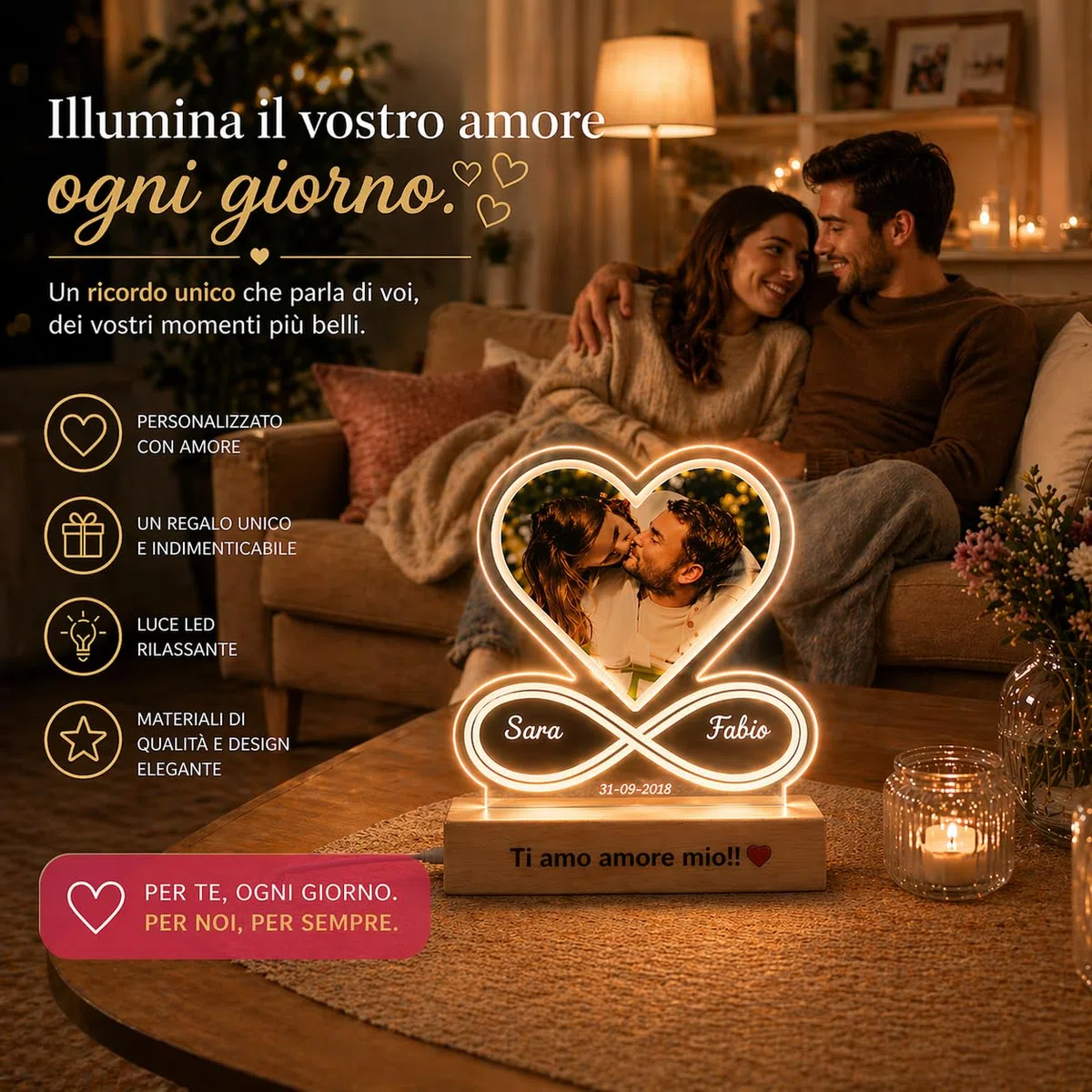 SBUGATTA |Lampada Personalizzata Con Foto |Idea Per lei e Lui |Festa della Mamma |idea San Valentino |Regalo Anniversario | Natale | Matrimonio(Cuore-Infinito)