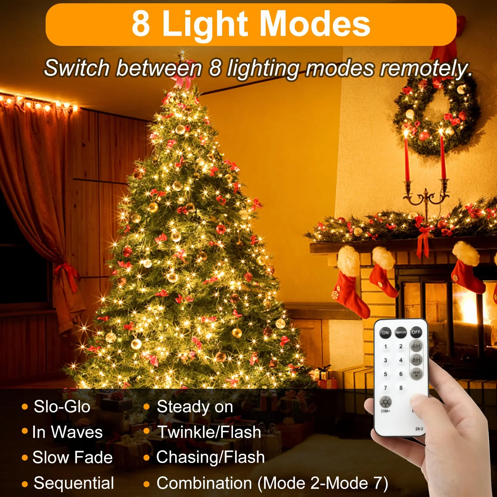 Realky Luci di Natale, 96M 800 LED Luci Natalizie da Esterno ed Interno, 8 Modalità con Funzione Memoria e Telecomando per Giardino, Balcone, Casa, Festa - Bianco Caldo
