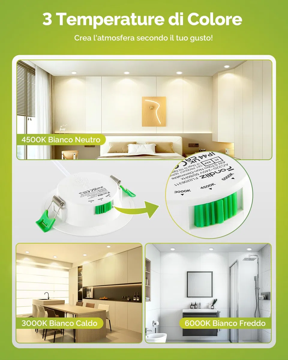 Fondiiz Faretti Led da Incasso per Cartongesso, 4W 570LM Luci da Soffitto Interno Regolabile Caldo 3000K Neutro 4500K Freddo 6000K, IP44 Faretto Risparmio Energetico per Bagno, Foro Ø68-80mm, Set di 6