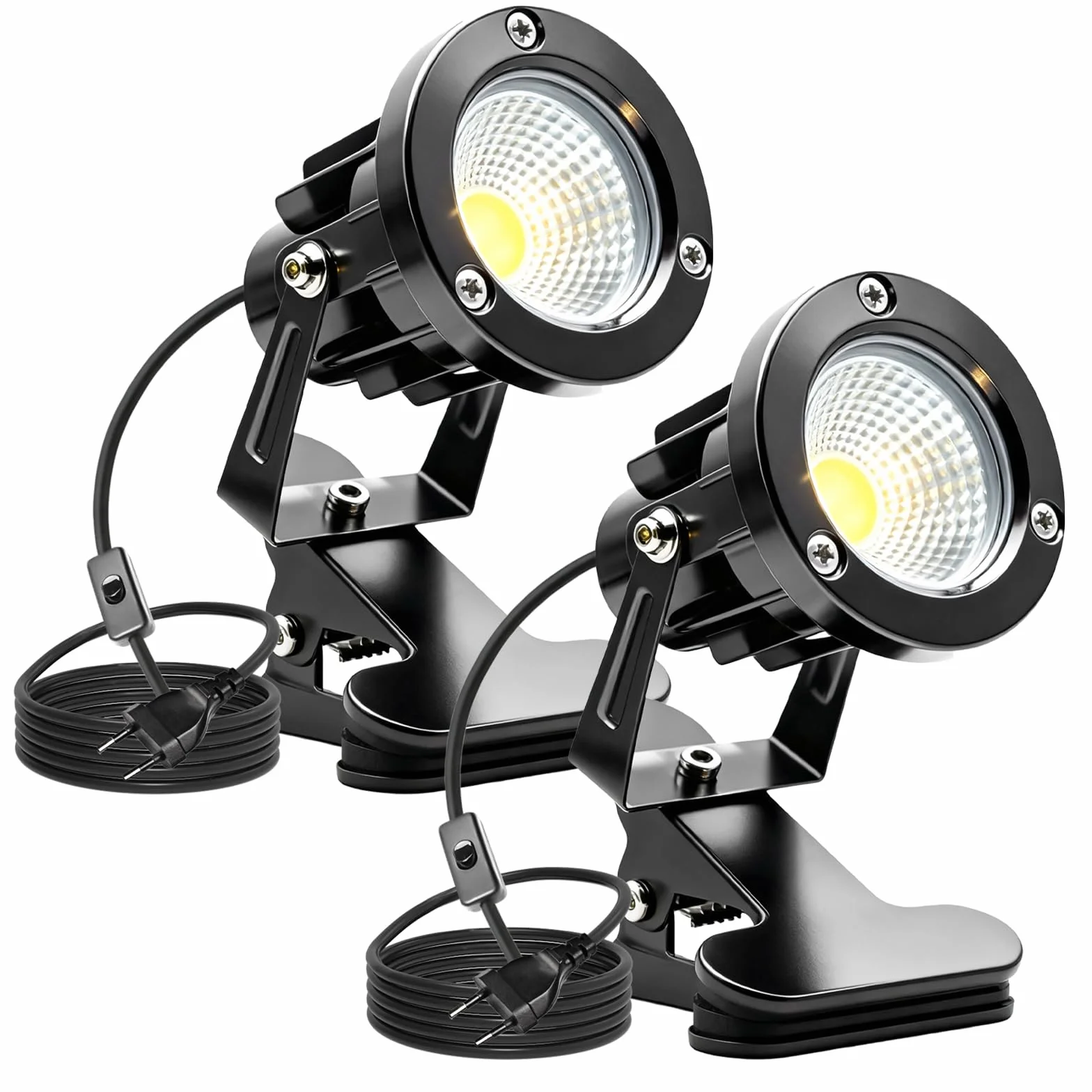 GBKDQQ 2 faretti LED a morsetto con spina e interruttore, IP65, 10 W, impermeabili, per interni ed esterni, con morsetto a LED da 1,5 m, per esterni, cortile/prato (bianco freddo)