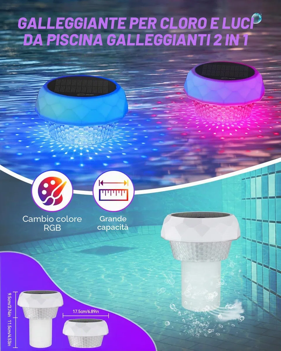 Luce per piscina solare – LED RGB con telecomando RF, contenitore per pastiglie di cloro, luce galleggiante impermeabile IP68 per piscina, giardino e decorazioni esterne