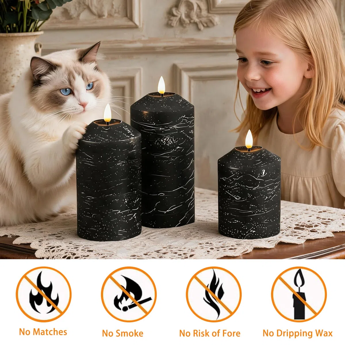 Candele LED Senza Fiamma set 3,Real Wax Pilastro, Candela a Batteria Senza Fiamma con Timer e Telecomando Candele LED per festa, decorazione abitativa, campeggio, matrimoni (Nero)