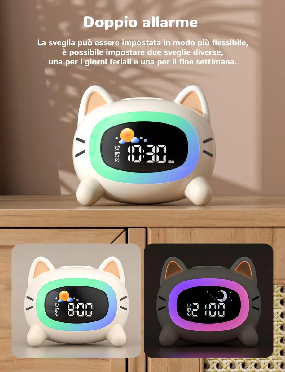 LIORQUE Sveglia per bambini, Sveglia da Comodino con Luce Notturna, Macchina Rumore Bianco, Doppia Allarme, Modalità Weekend, Sveglia Ricaricabile per Allenamento del Sonno Per i Bambini (Gatto)