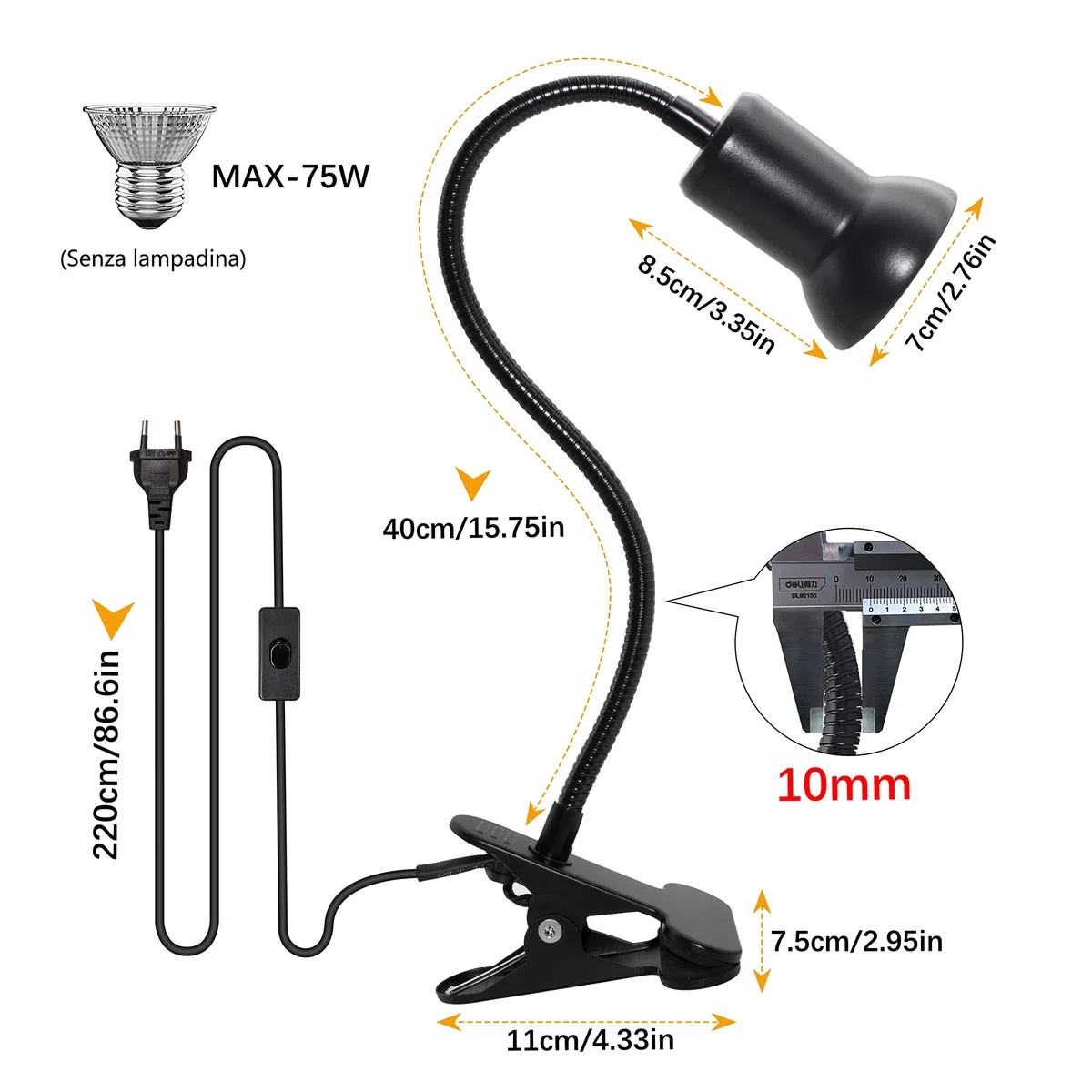 Lampada da Lettura con Pinza Lampada da Scrivania a Clip LED con 40cm Collo di Cigno Flessibile Luce da Letto a Clip con 220cm Cavo E27 Lampada a Morsetto per Rettili, Max 75W (Switch-Nero*1)