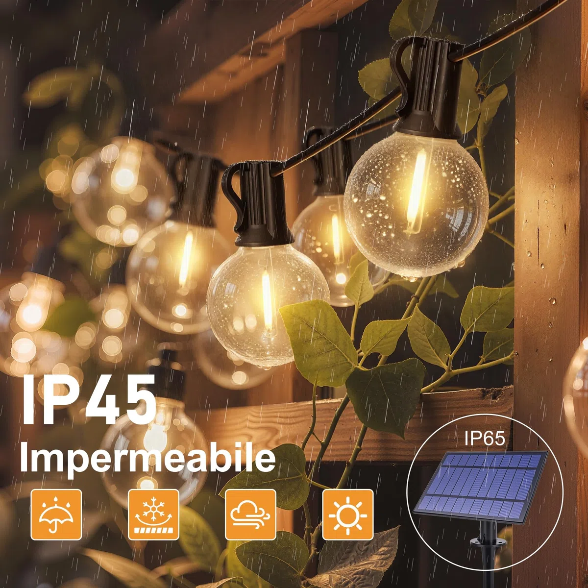 HeiPard Catena luminosa a LED Solare per Esterni, 10m, 16 + 1 G40, Dimmerabile, 3 Modalità, Telecomando per esterni, Resistente alle Intemperie, Luce Bianca Calda, Impermeabile, per giardino, balcone
