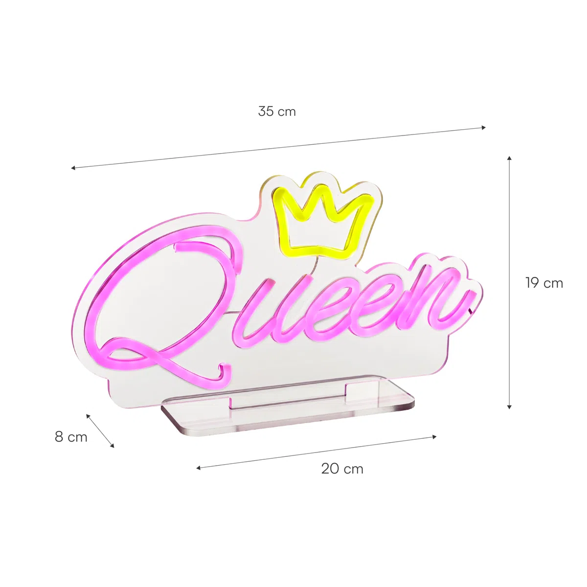Baroni Home Lampada Queen, Lampada LED Decorativa Effetto Neon con Scritta Queen, Luce da Tavolo Rosa con Cavo USB 1,8m, Perfetta per Soggiorno, Cameretta e Atmosfera, 35x8x19 cm