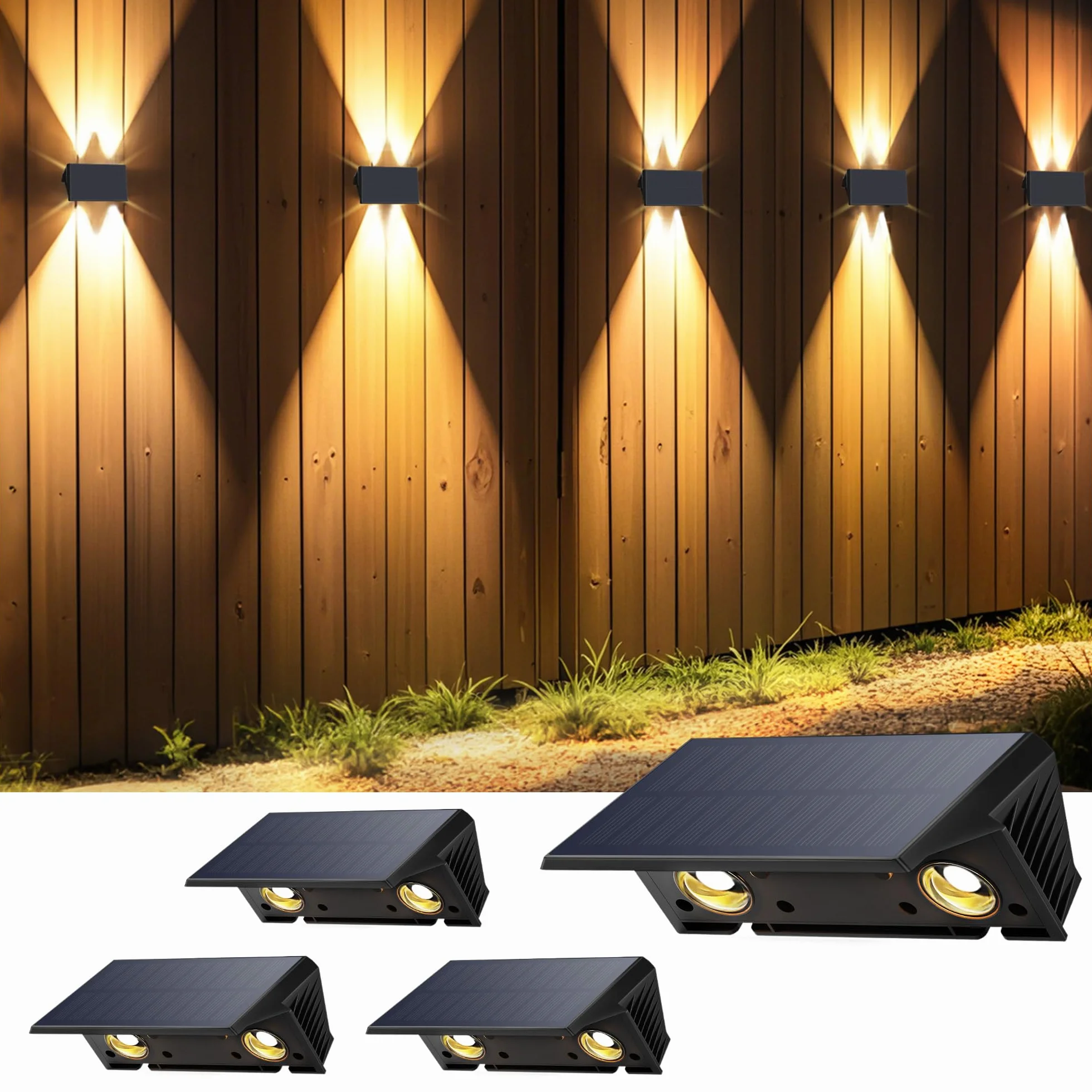 Lampada Solare da Esterno di 4 Pezzi Alto e Basso Luci Solari Esterno Energia Bianco Caldo Illuminazione per Esterni 100LM Applique da Solare IP67 per Muro Vialetto Giardino
