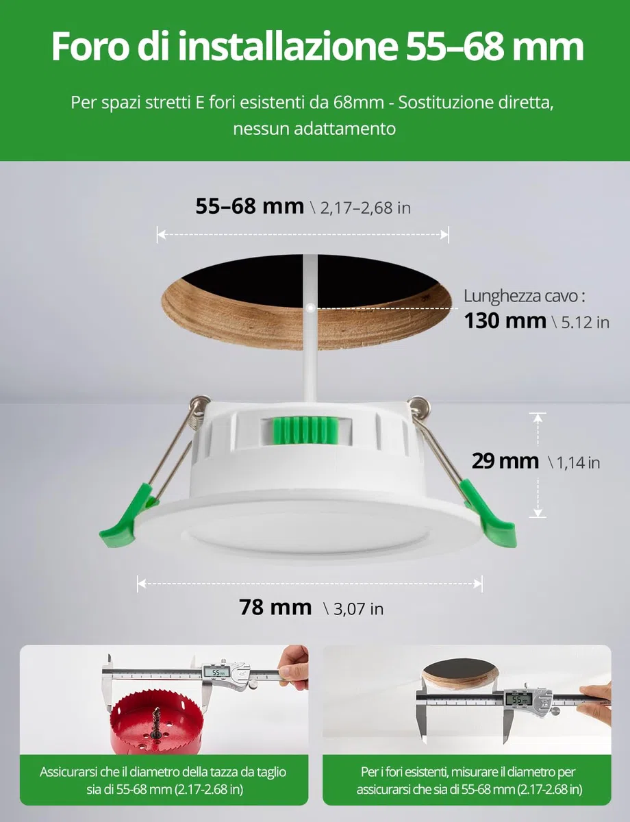 HOMEOW Faretti LED da Incasso per Cartongesso 4W, Diametro Foro 55-68mm, 29mm Ultrasottili, IP44 Faretti Led Soffitto, Regolabile Calda 2700K, Neutro 4000K e Freddo 6000K, Non Dimmerabili, Set di 6