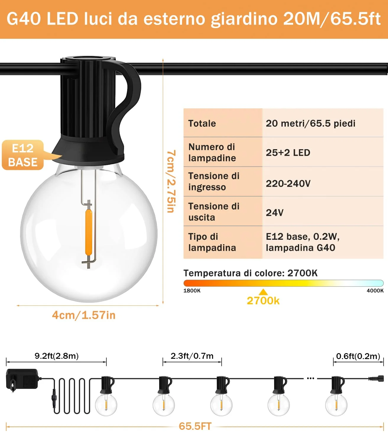 Catena Luci da Esterno Giardino - G40 65Ft 20M LED Lampadine Esterno Filo IP44 Lucine da Esterno Giardino 20 Metri Luce Catena Luminosa Fila Catene Esterno Gazebo Lampade per Terrazzo