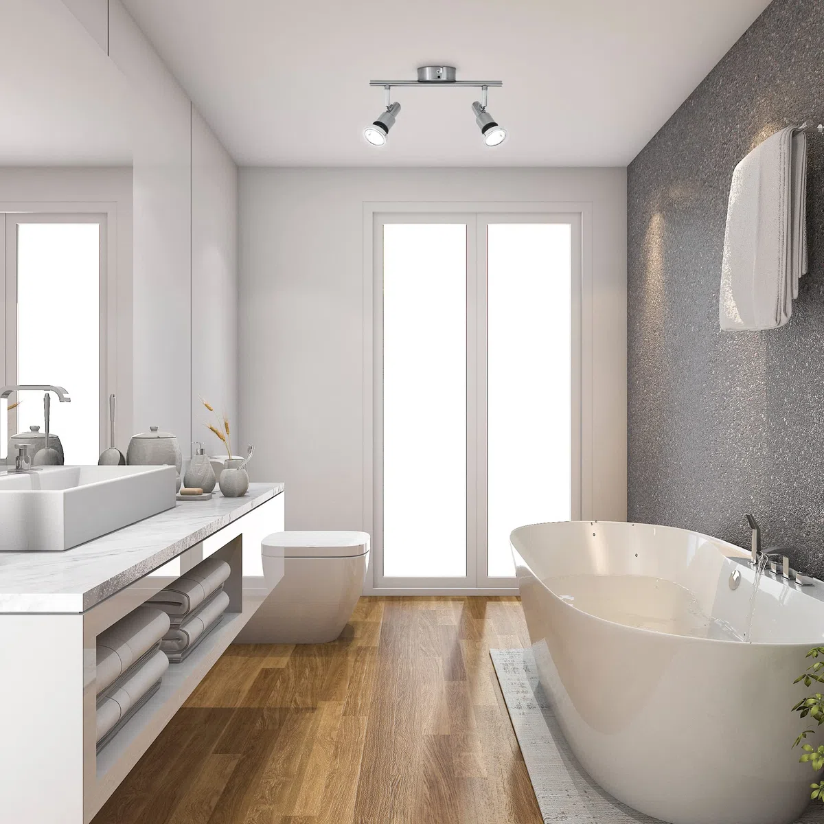 B.K.Licht Faretti LED orientabili, Lampadario bagno resistente agli schizzi d'acqua IP44, include 2 lampadine GU10 5W 400Lm, Plafoniera da soffitto metallo color nickel opaco, luce calda 3000K, 230V
