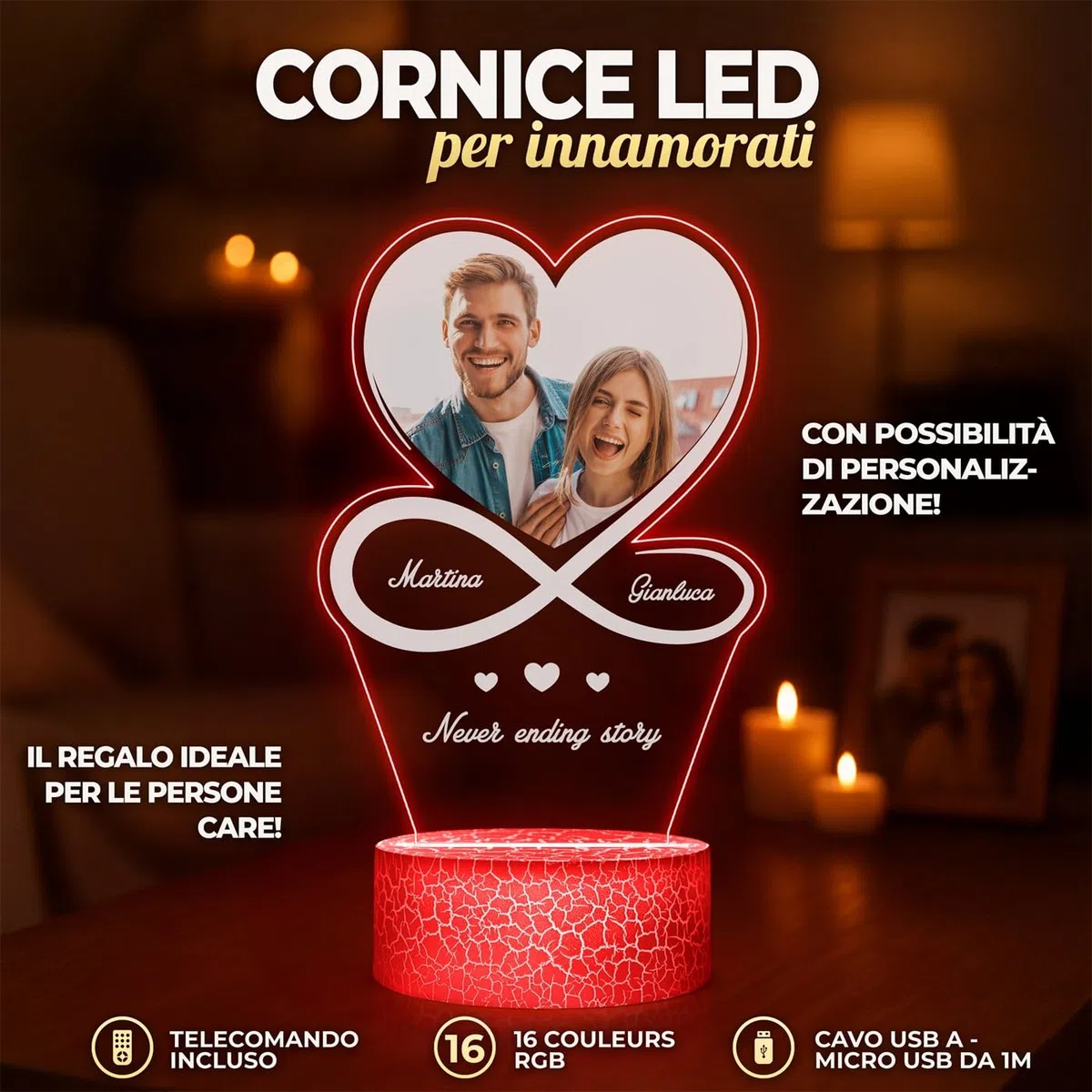 Maverton Lampada con Targa Personalizzata - Targhetta Personalizzata con Luce Notturna - Base Multicolore Caricatore e Telecomando - Idea Regalo Coppia Anniversario