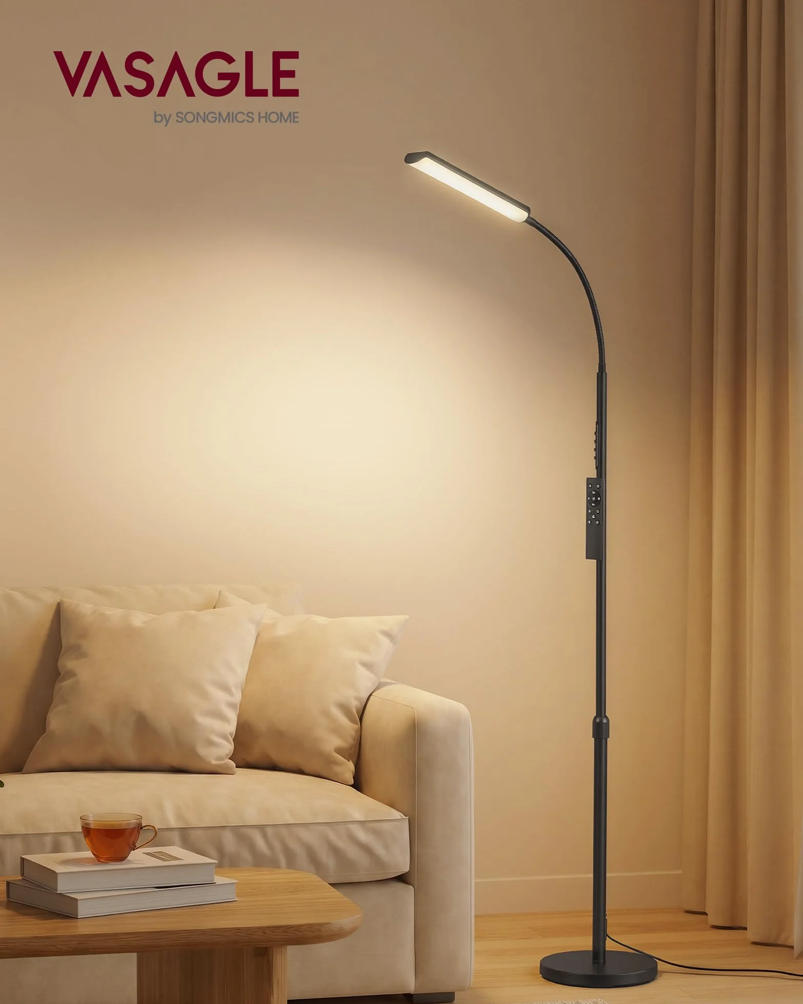 VASAGLE Lampada da Terra, Altezza Regolabile 141-175 cm, Piantana Moderna da 15 W con Testa Flessibile a 360°, Timer e Funzione di Memoria, Pulsante e Telecomando, Soggiorno, Nero Opaco LFL007BD02