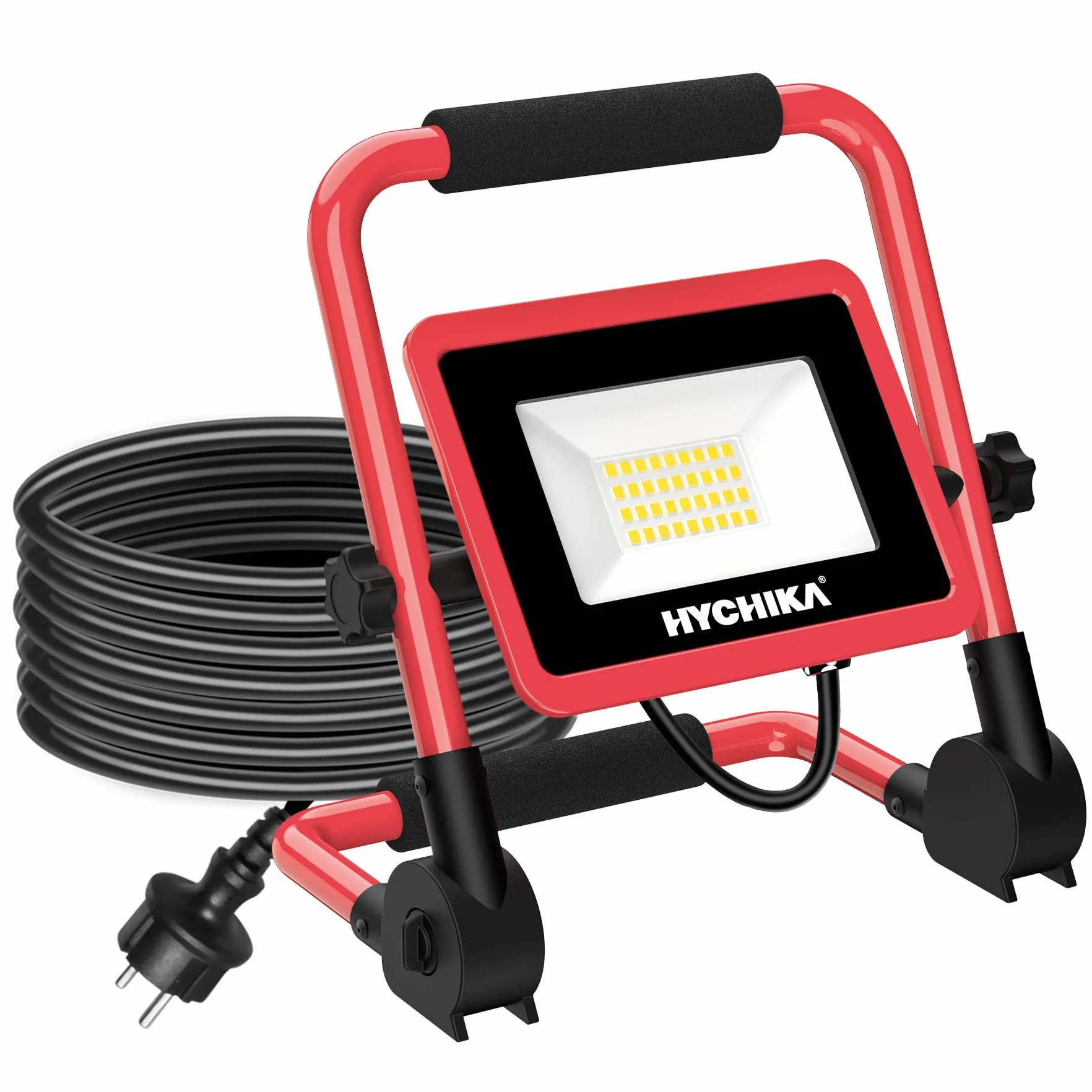 Faretto da Cantiere 30W, HYCHIKA IP65 Impermeabile, Faro LED Portátil con 3000 LM, 6500K Bianco Brillante per Esterno, Lavori, Giardini e Garage, Rotazione 360°, Cavo 2M [Efficienza energetica A++