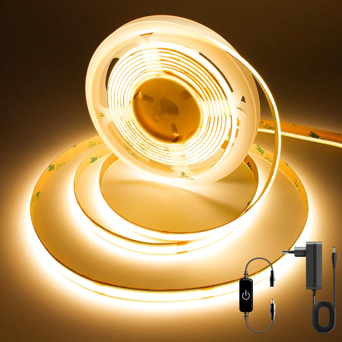 Striscia LED COB 3 Metri,Bianco caldo 2700K,24V LED COB con Controllo Dimmerazione Tocco,CRI90+,8mm Larghezza,con Alimentatore - Ideale per Cucina,Camera da Letto e Sfondo Televisivo