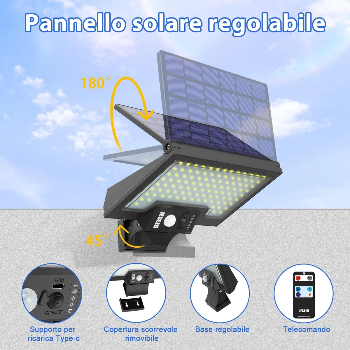 JESLED Luce Solare LED Esterno, 108LED Faretto con Sensore di Movimento, 2600mAh Lampada Girevole, 4 Modalità Luci Ricaricabile per Giardino