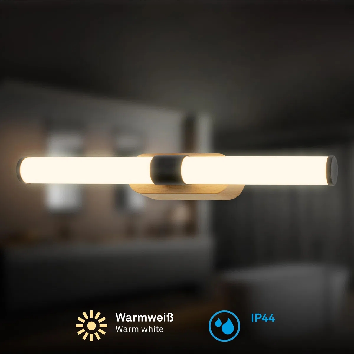 BRILONER - Lampada da specchio per bagno IP44, resistente agli schizzi, da parete, luce bianco caldo, 40 x 6,5 x 4,5 cm, finitura nera effetto legno