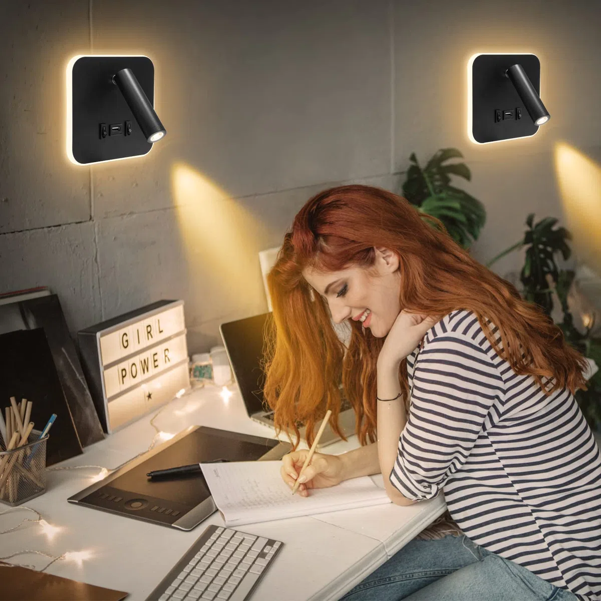 Applique da Parete da Lettura sul Comodino 3W + 9W 3000K, Lampada da Parete a LED con Porta di Ricarica USB e Interruttore, Faretto Regolabile per Camera da Letto Scale Salotti Hotel(quadrato 1 nero)