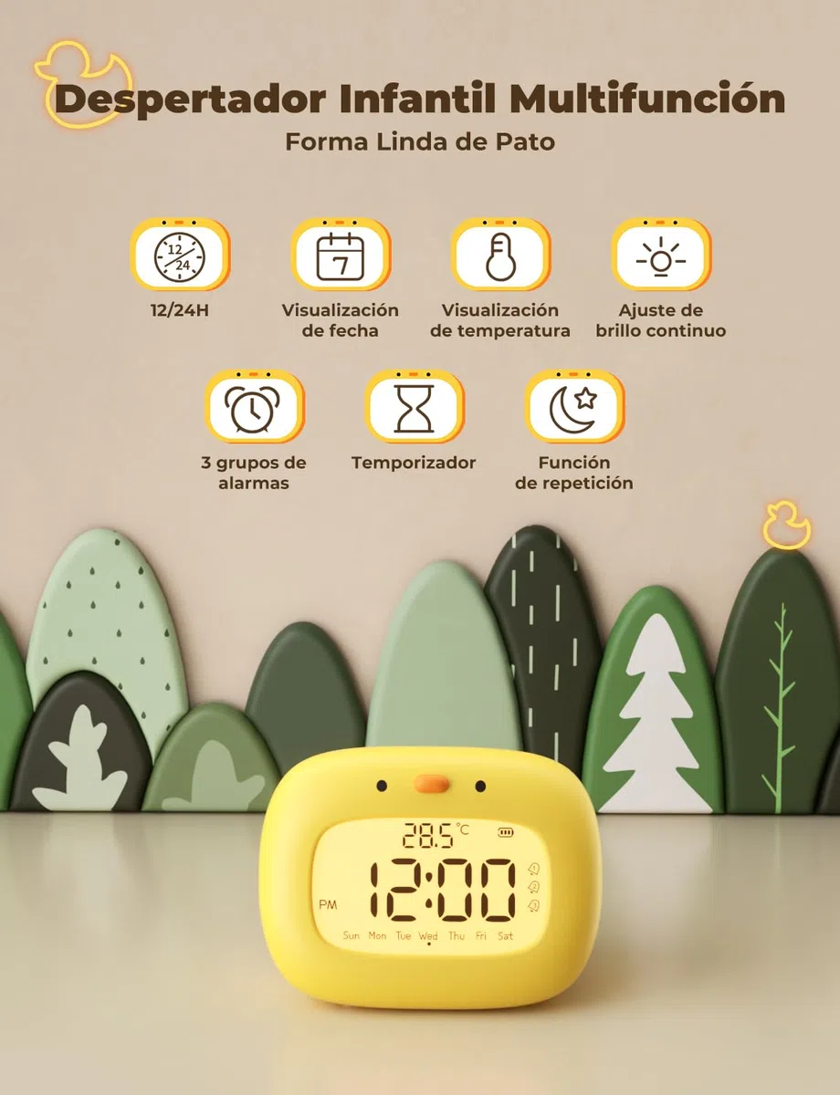 YISSVIC Sveglia per bambini, sveglia da mattina digitale, 3 allarmi/12/24 ore/Snooze/Timer/Display della settimana, Tipo C, ricaricabile, per bambini adulti, forma anatra