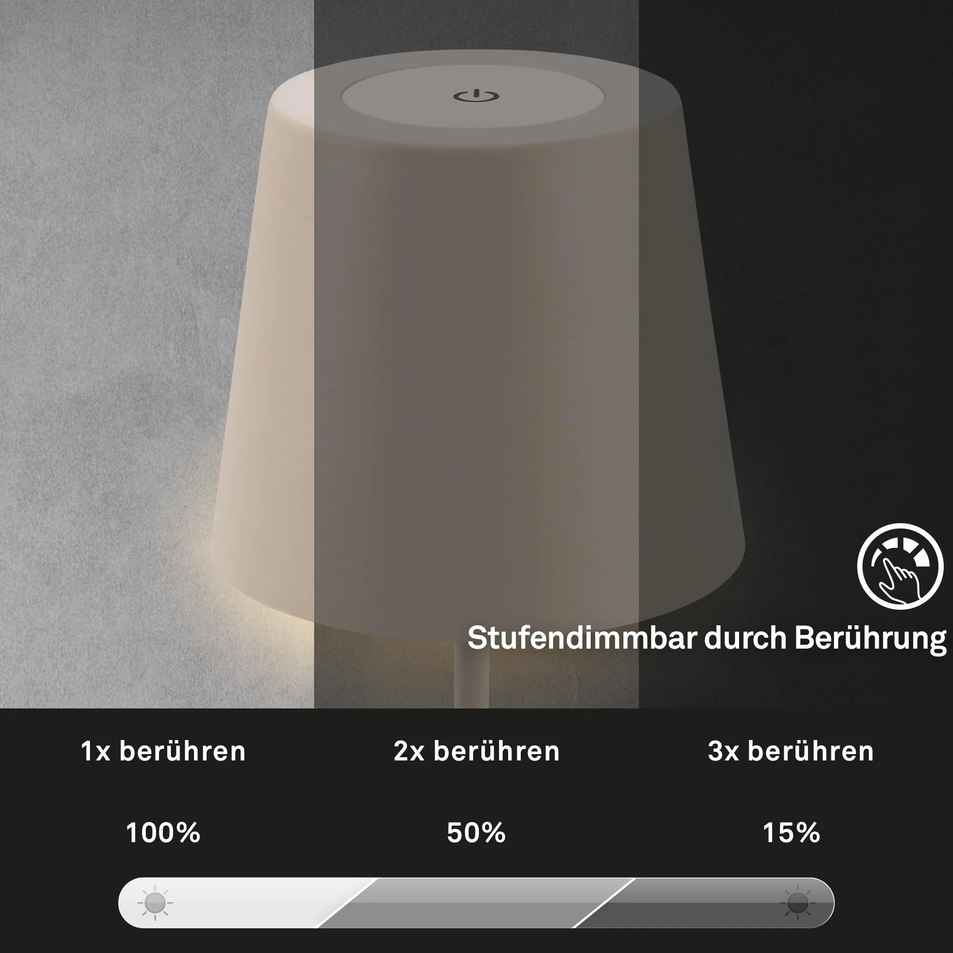 BRILONER - Set di 2 lampade da tavolo LED senza fili con touch, dimmerabili a livelli, regolabili in altezza, lampada da scrivania senza fili, lampada ricaricabile, comodino, 12x36 cm, beige