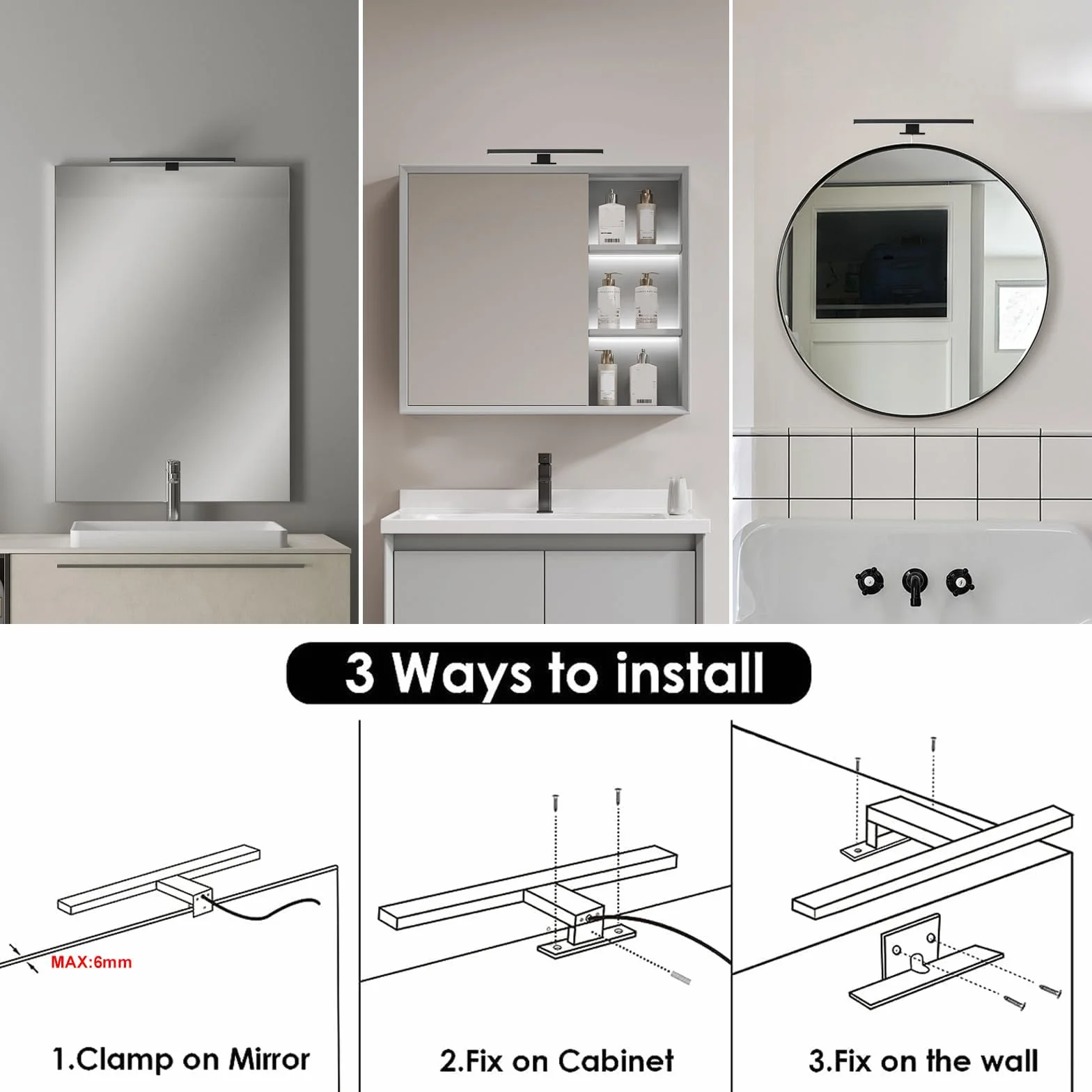 DEELUX Lampada da Specchio con Interruttore touch,Luce LED per Specchio Dimmerabile (55~550 lm) 5W 30cm,Bianco Neutro 4000K,Lampada Armadio Applique da Parete IP44 230V,Nero
