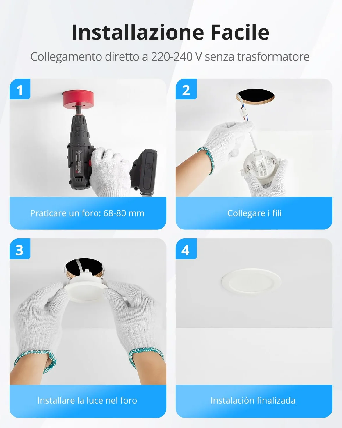 Gr4tec Faretti LED da Incasso per Cartongesso IP65, 10x 5W Faretti LED Soffitto Incasso Cartongesso Bianco Naturale 4000K, Faretto LED Interno 35mm Ultrasottili para Bagno Cucina, Foro 68-80mm