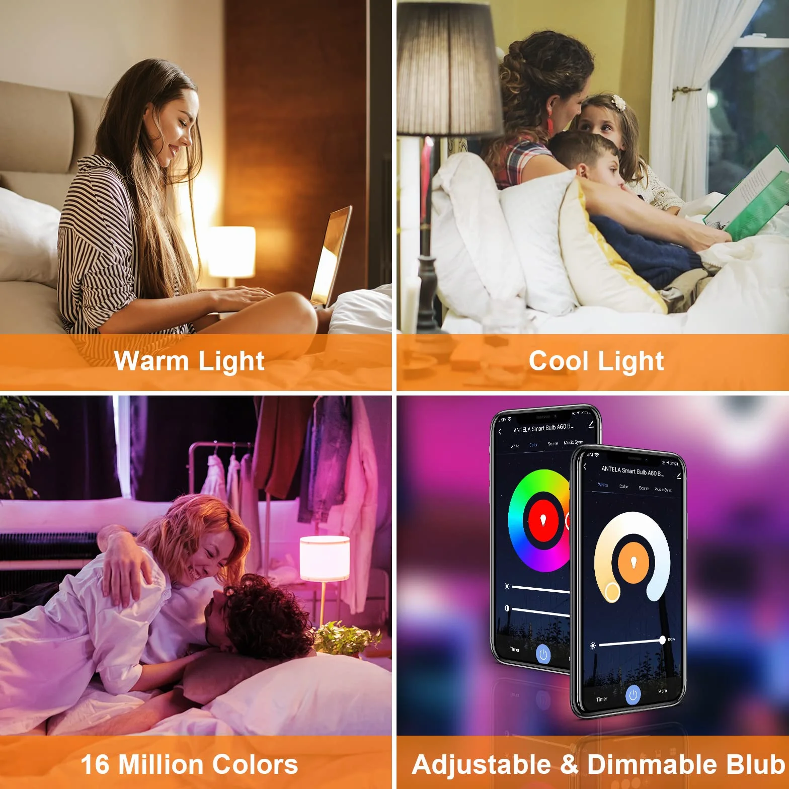 ANTELA Lampadine LED Alexa Inteligente WiFi E14, Dimmerabile Lampadina Smart 7W 806ML 60W equivalente, RGB & 2700K-6500K bianco freddo caldo, compatibile con Alexa/Google Home, 2 pezzi