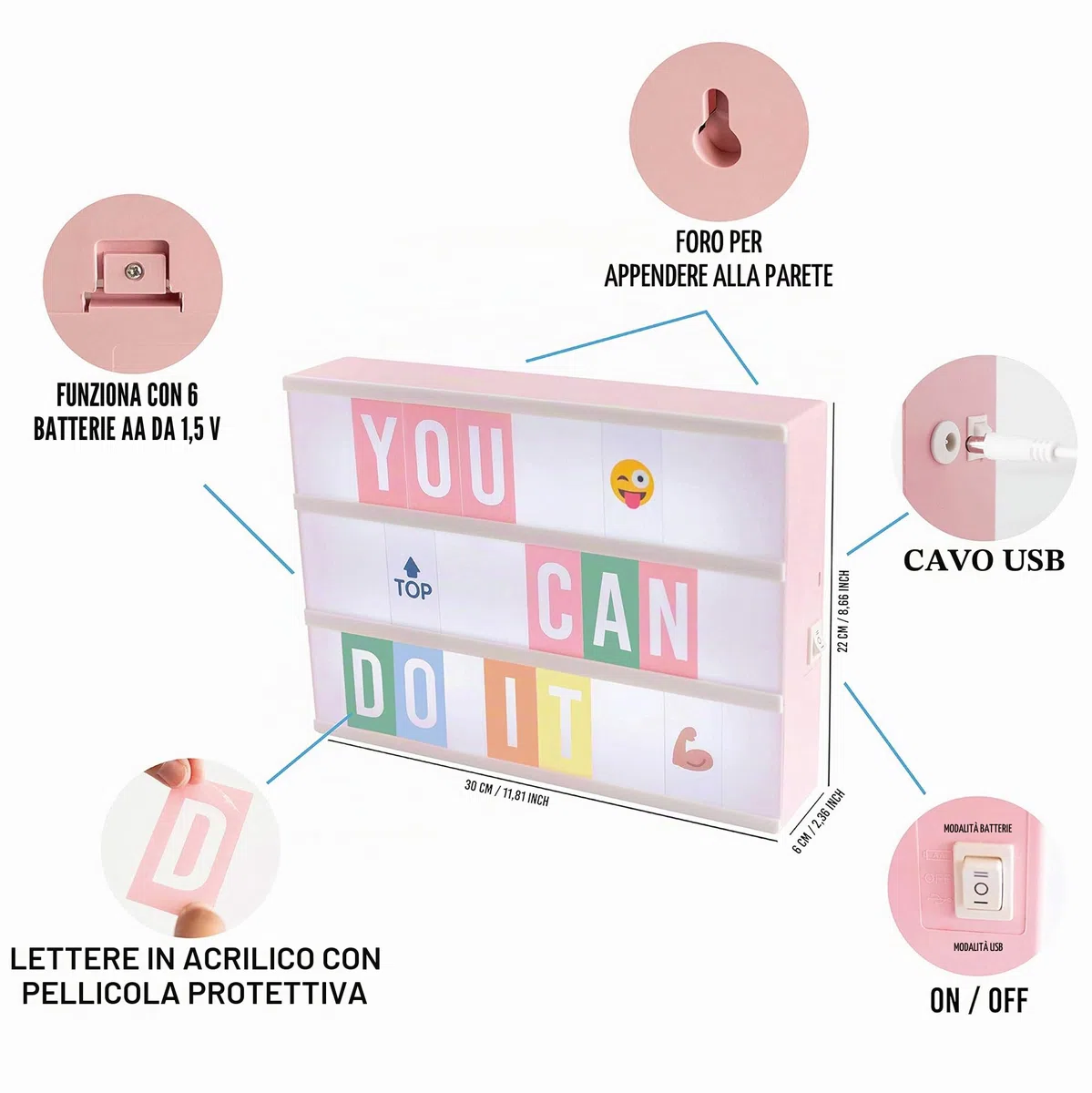 BONNYCO Light Box Rosa con 400 Lettere ed Emoji, 2 Pennarelli. Lavagna Luminosa con Lettere, Idee Regalo Bambina, Ragazza e Donna per Compleanno Natale. Scatola Scritte Luminose, Decorazioni Camera