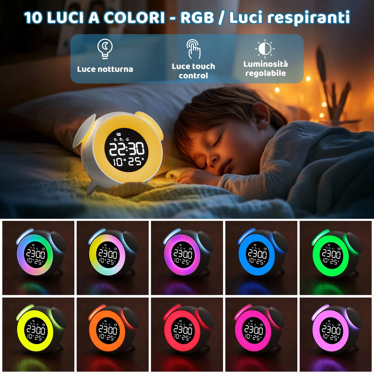 Sveglia Digitale per Bambini, Sveglia Bambini da Comodino con Doppio Allarme, 10 Colorate Luci, Snooze, Modalità Giorno della Settimana, 7 Suonerie, 12/24H per Ragazze Ragazzi