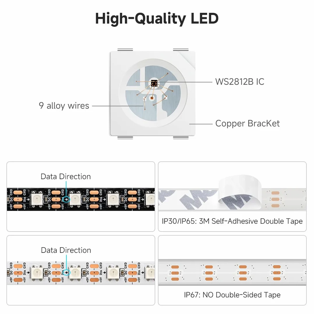 BTF-LIGHTING WS2812B Fili in lega ECO RGB 5050SMD Indirizzabile individualmente 5m 60Pixel/m Flessibile nero PCB Full Color LED Pixel Strip Dream Color IP67 impermeabile Progetti fai da te DC5V