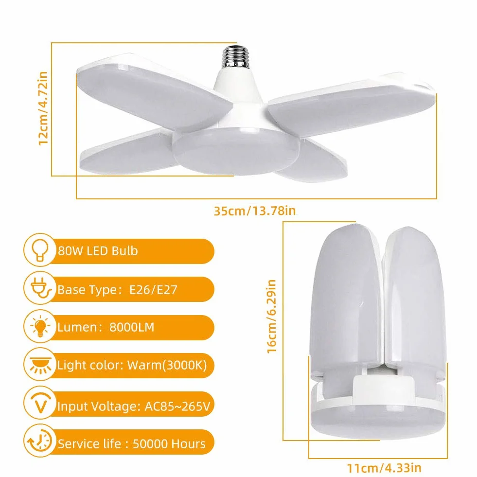 Plafoniera Led Soffitto Garage, E27/E26 80W 8000LM Lampada da Negozio Deformabile con 4 Pannelli Regolabili Plafoniera LED per Garage, Magazzino, Officina, Cantina, Palestra, Cucina