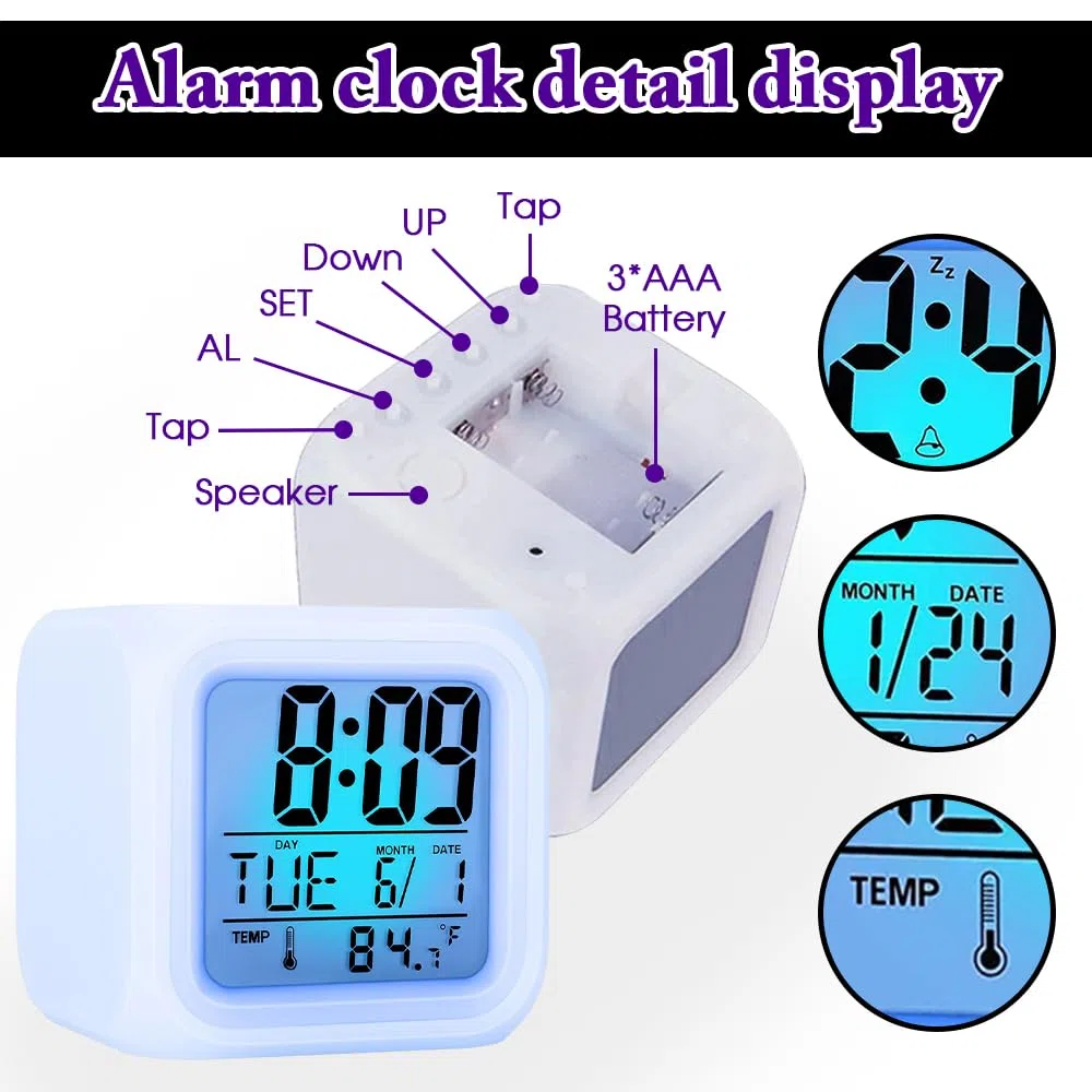 Sveglia digitale, Sveglia per bambini portatile LCD sveglia da comodino con luci Intelligente 7 colori Luce Notturna con Tempo Ore, Data, Temperatura per ragazze, ragazzi, adulti regali