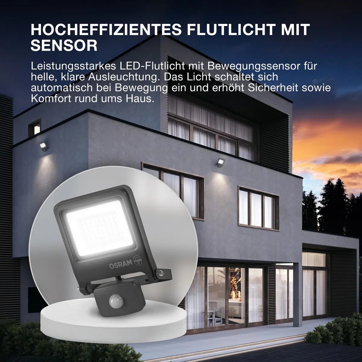 OSRAM Proiettore LED ENDURA FLOOD PC 20W con sensore, 4000K, 1800 lumen, IP44 con rilevatore di movimento IR, tempo/lux regolabile, grigio scuro