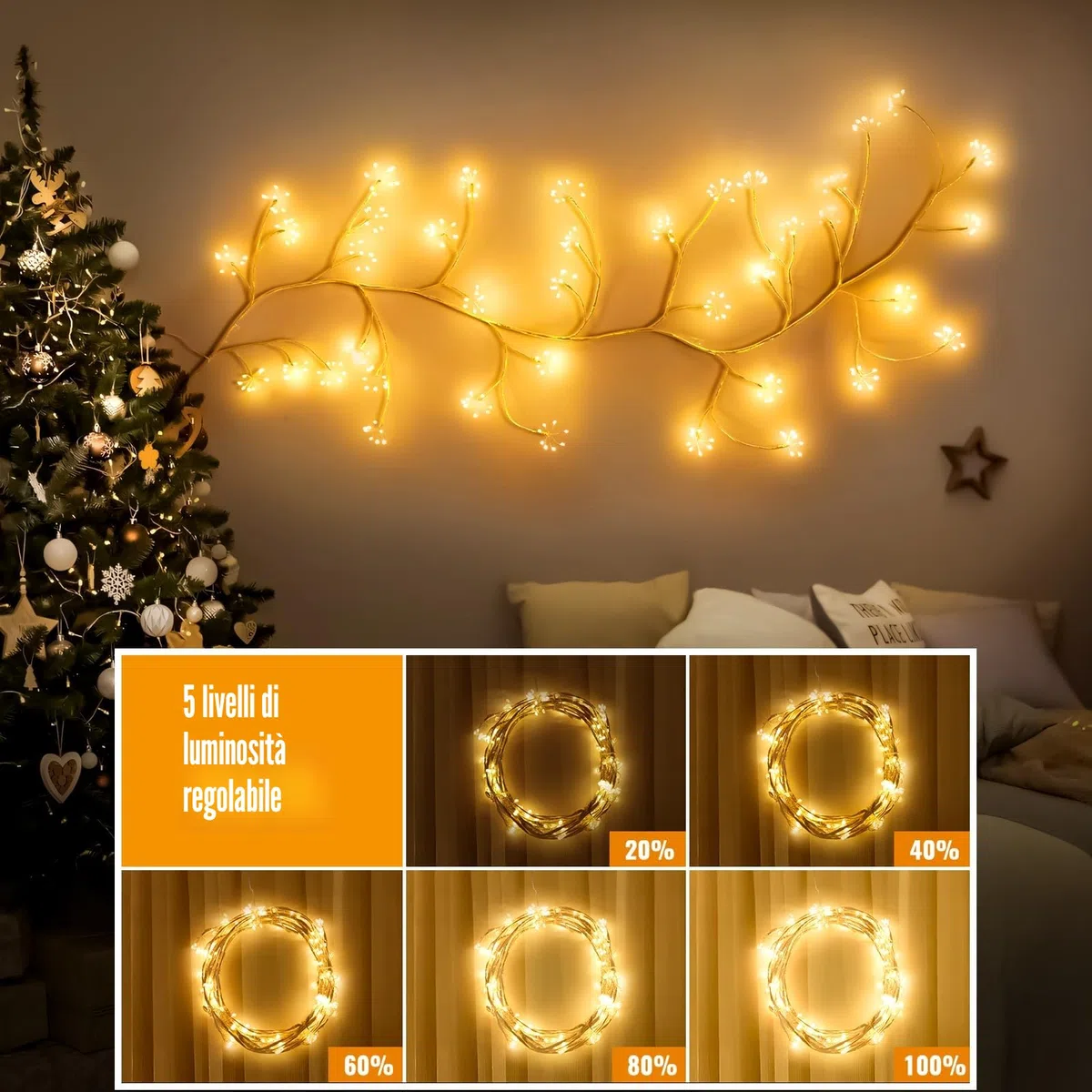 Ghirlanda Luminosa Luci a Fuochi d’Artificio, 8 Modalità Luci Albero con Telecomando e Timer, 288 LED Rami Albero Fai-da-te con Spina, Decorazione da Parete Interna per Camera da Letto e Natale