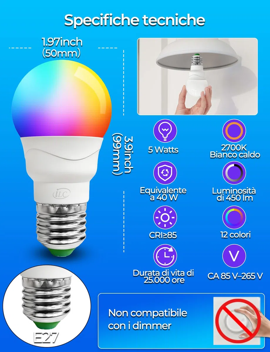 iLC Lampadina Colorata LED, Equivalente 40W, E27 12 Colore RGB 5 Watt Bianco Caldo (2700K) Edison Telecomando (Confezione da 4)