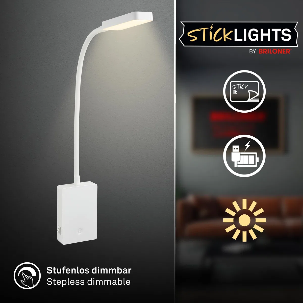 BRILONER Sticklights - Lampada da parete senza elettricità o foratura, con batteria, touch dimmerabile, luce bianca calda, senza fili, 6 x 3 x 50 cm, colore: bianco