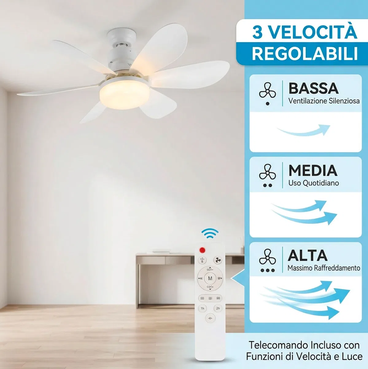 Ventilatore da Soffitto con Luce LED E27 e Telecomando, Ventilatore Lampadario 42 cm con 3 Velocità e 3 Colori di Luce, Ventilatore da Soffitto Silenzioso con Attacco E27 Universale per Camera, Cucina