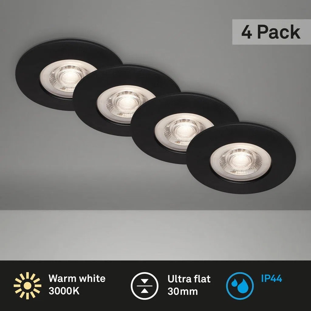 BRILONER - Set di 4 luci LED da incasso a soffitto, luci da incasso ultrapiatte, faretti da incasso per bagno, faretti da incasso per bagno IP44, nero opaco, 90x25 mm (DxH)