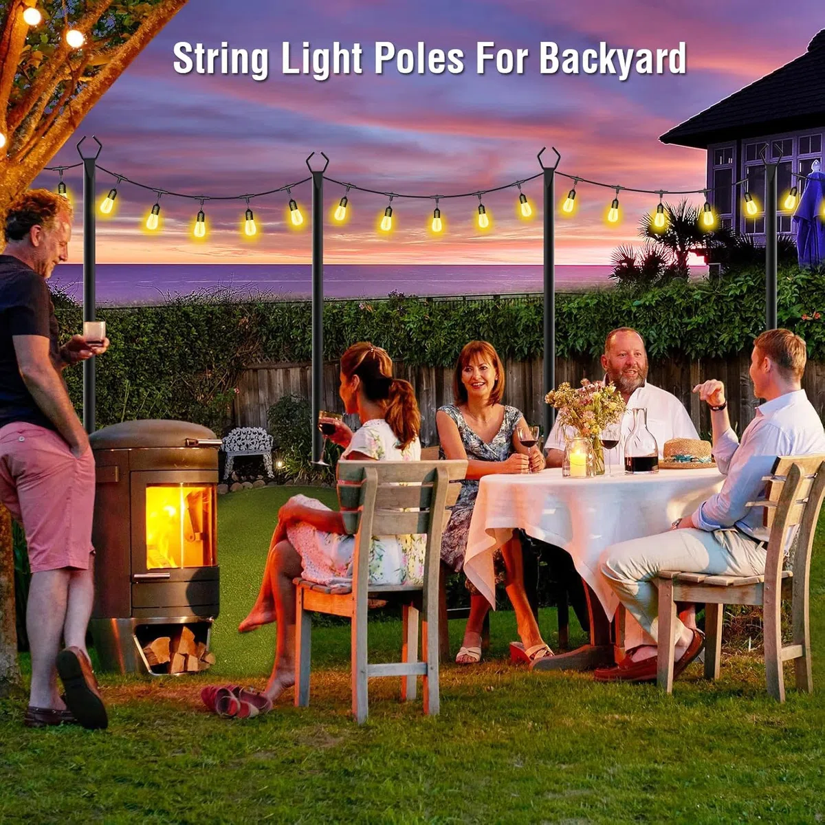 Confezione da 4 Aste in Metallo con Forchetta, 3m/10ft Pali per Illuminazione Esterna, Supporto per Illuminazione Resistente per Esterni, Patio, Terrazza, Cortile, Matrimonio, Festa