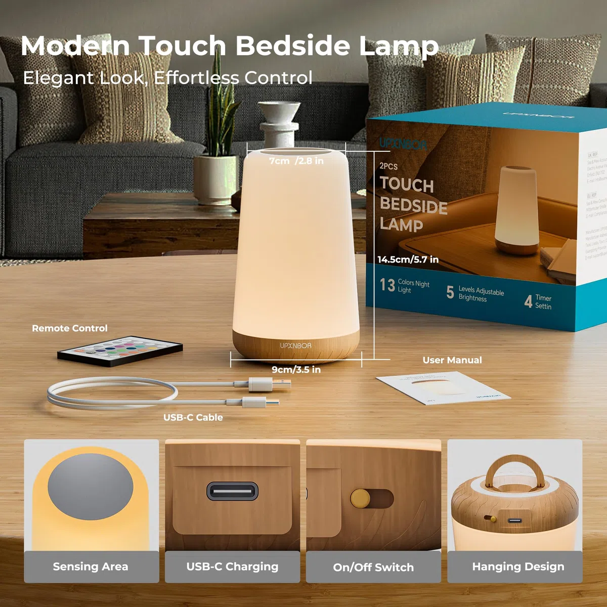 Lampada da comodino a LED con telecomando, dimmerabile con 13 colori RGB e 4 modalità, lampada da tavolo senza fili con timer e gancio, ricarica USB, luce notturna portatile per camera da
