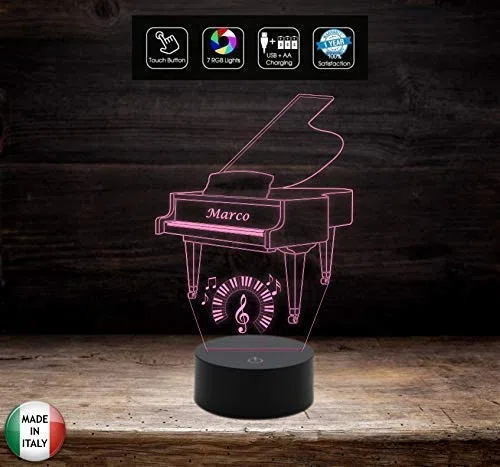 Generico Idea Regalo Musicista Piano Lampada LED Pianoforte Personalizzabile con Nome Musica - Acrilico e ABS - 7 Colori