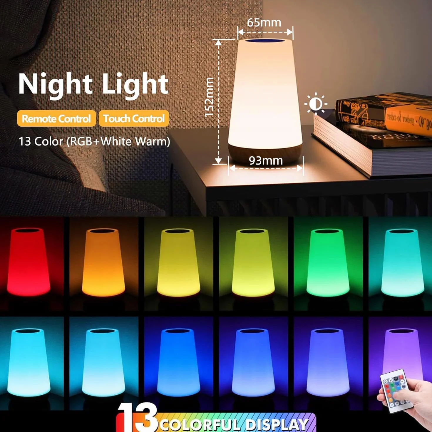 Touch Lampada da Comodino con Telecomando, LED Lampada da Tavolo Senza Fili con 13 Colori, Luce Notturna Bambini per Camera da Letto, Cameretta dei Bambini Soggiorno