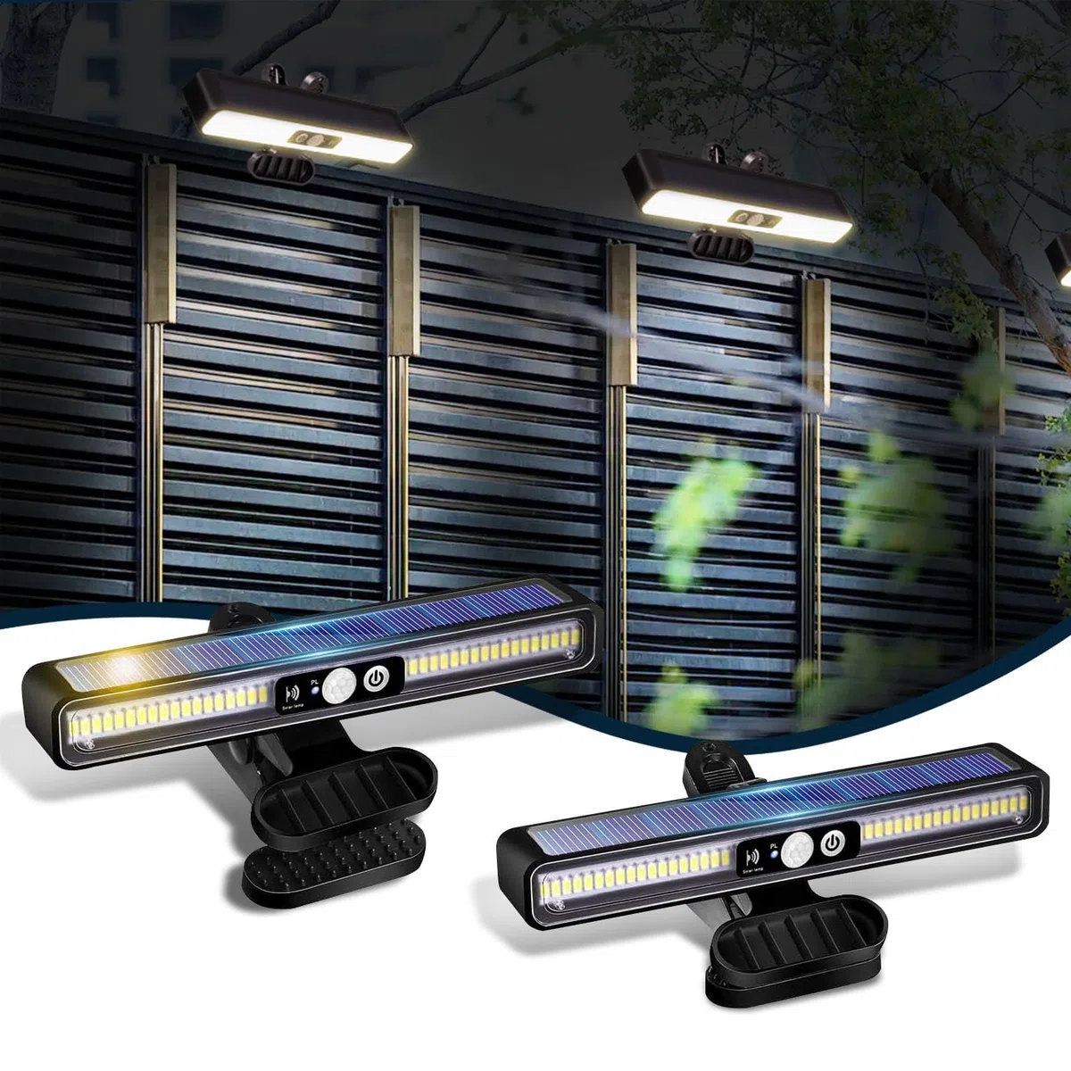(2 Pezzi) ICEKO Faretto LED da Esterno Solare con Sensore di Movimento,1200 mAh/3 Modalità/IP55 Impermeabile, Lampade Solari con Clip,Luci Solare LED Esterna con Pannello Giardino,Recinzione,Parete