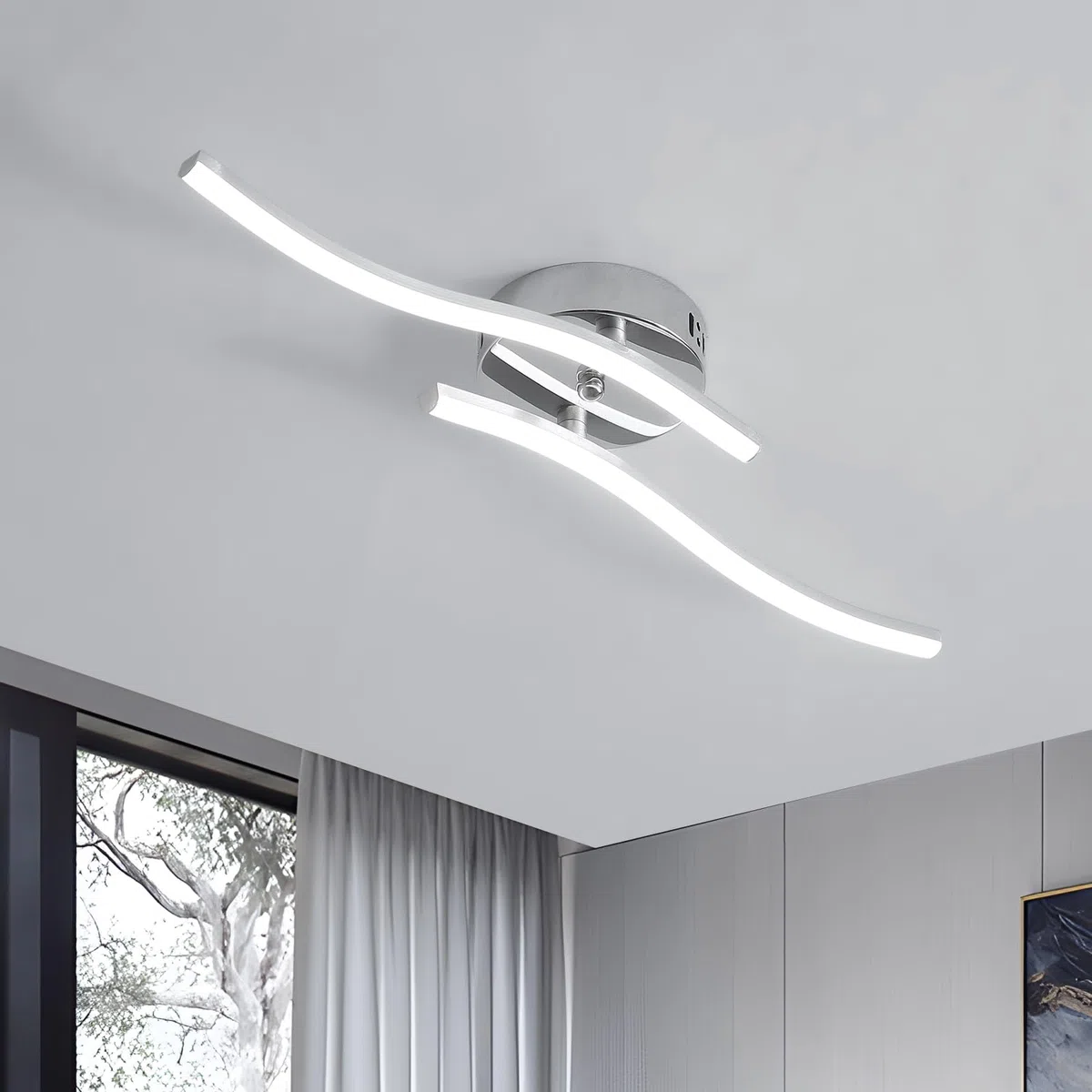 Goeco Plafoniera LED Soffitto Argento 14 W 52 cm 6500K Lampadario da Soffitto con 2 Fiamme Moderni Design Curvo Luce Bianca Fredda Lampada in Acrilico per Camera da Letto Soggiorno Cucina