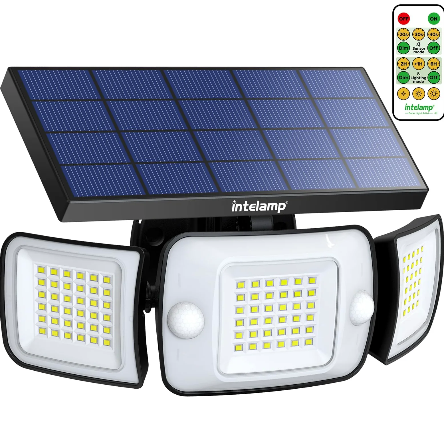 INTELAMP Luce Solare LED Esterno, 108LED Faretto LED da Esterno con Sensore di Movimento, 6000mAh Lampada Solare da Esterno 6500K, 4 Modalità Luci Solari Esterno per Giardino (Luce Bianca – 1 Pezzo)