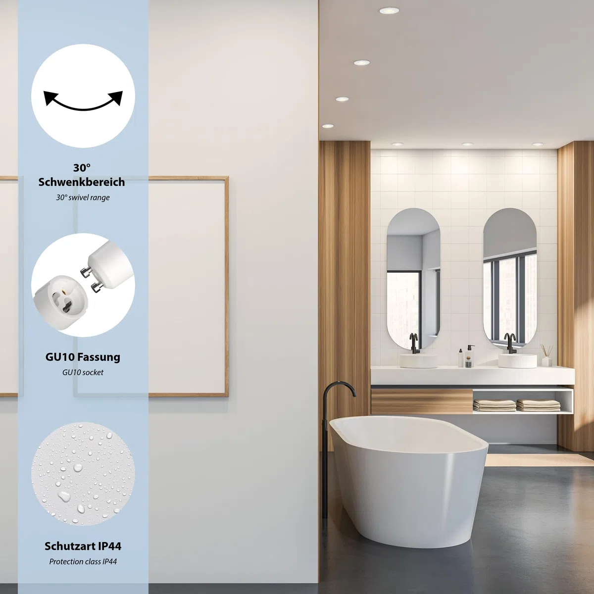 ledscom.de 4 pz. cornice da incasso a soffitto per bagno ERID, impermeabile, bagno, IP44, rotonda, orientabile, bianco opaco incl. presa GU10
