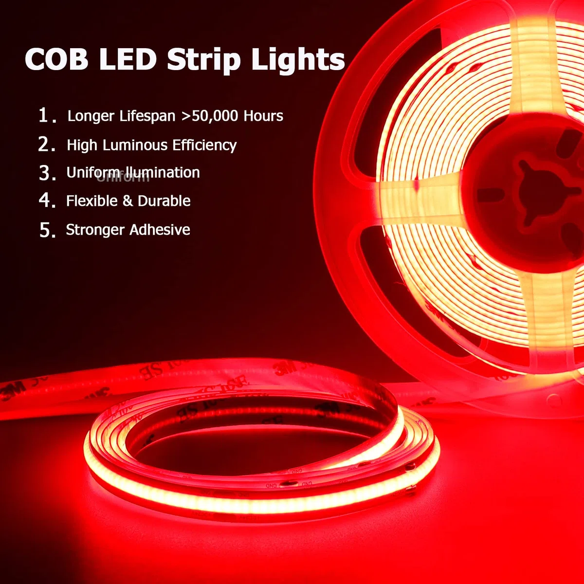 TOPAI Striscia LED COB Rosso 5 Metri Impermeabile, Strip LED 24V Rosso Esterno, Autoadesivo, Tagliabile, 480LEDs/M, Larghezza 8mm, Per Camera da Letto, Bagno, Cucina