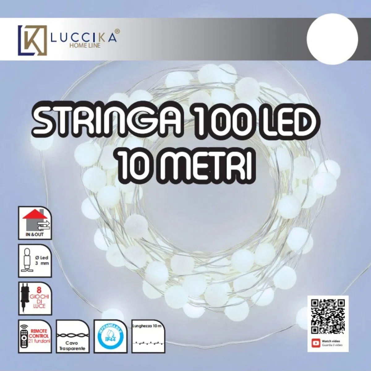Luccika Home Catena Luminosa LED, Sfere Decorative 2 cm, 10 Metri, 8 Giochi di Luce, Telecomando, Timer, IP44 Interno/Esterno (Bianco Ghiaccio)